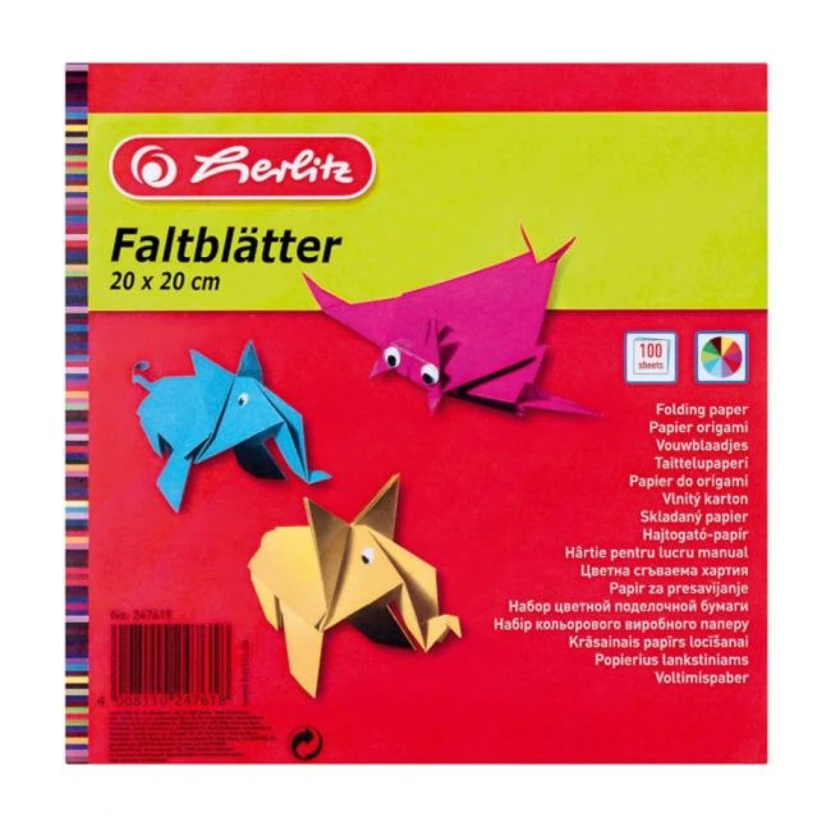 Farebný papier Herlitz 100 listov 10 farieb 20x20cm 60g 