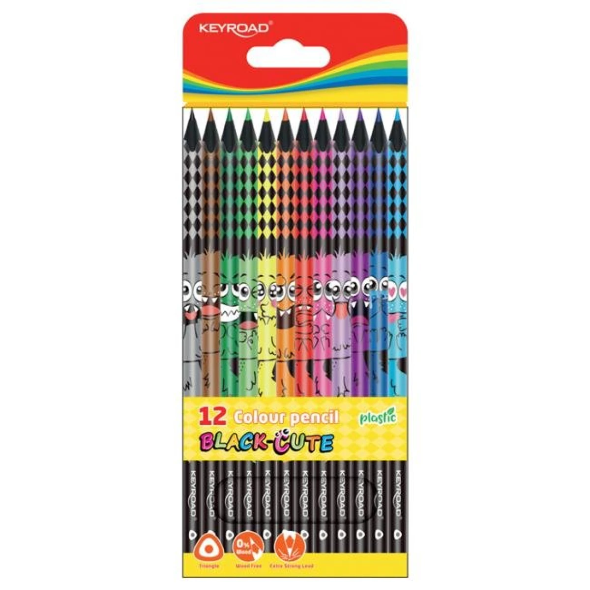 Farbičky trojhranné elastické KEYROAD čierne drevo, sada 12 ks 