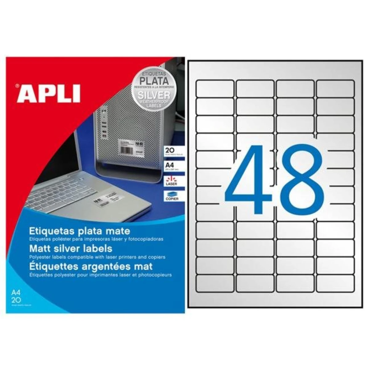 Etikety polyesterové 45,7x21,2mm APLI A4 20 hárkov strieborné 