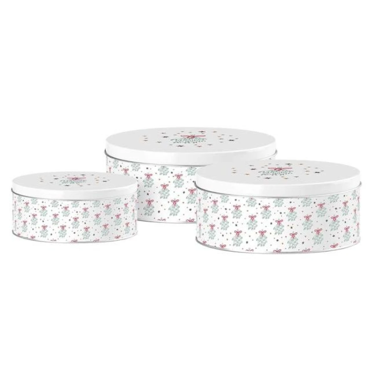 Dóza plechová 3ks set 200x90/185x80/140x65 mm guľatá MISTLETOE MAGIC, biela, modrá 