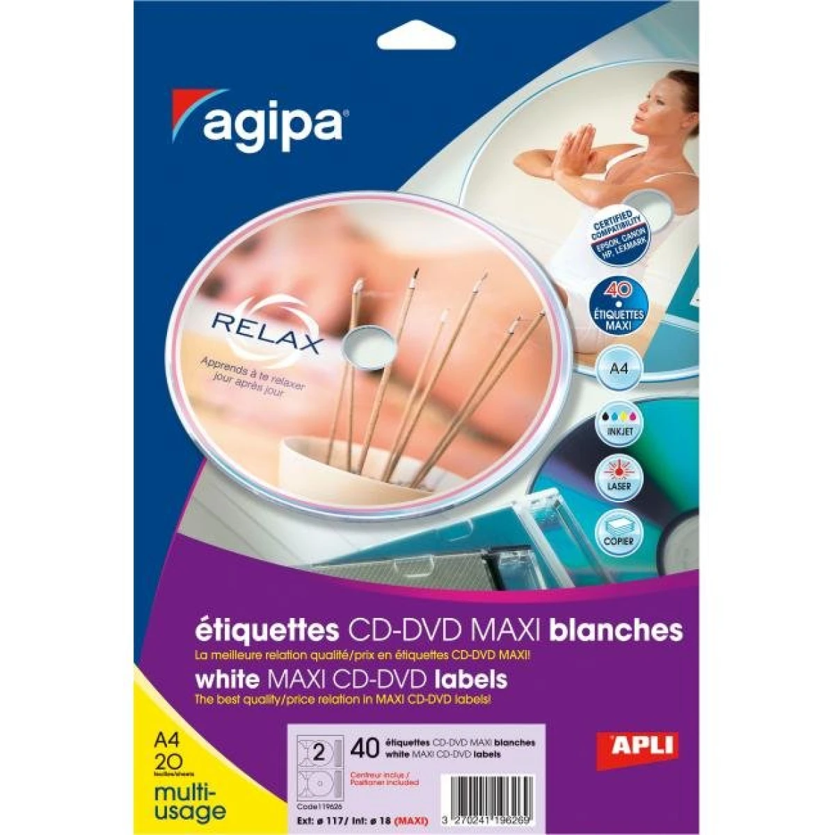 Etikety univerzálne na CD/DVD priemer 117,5 -17mm Agipa 20 hárkov 