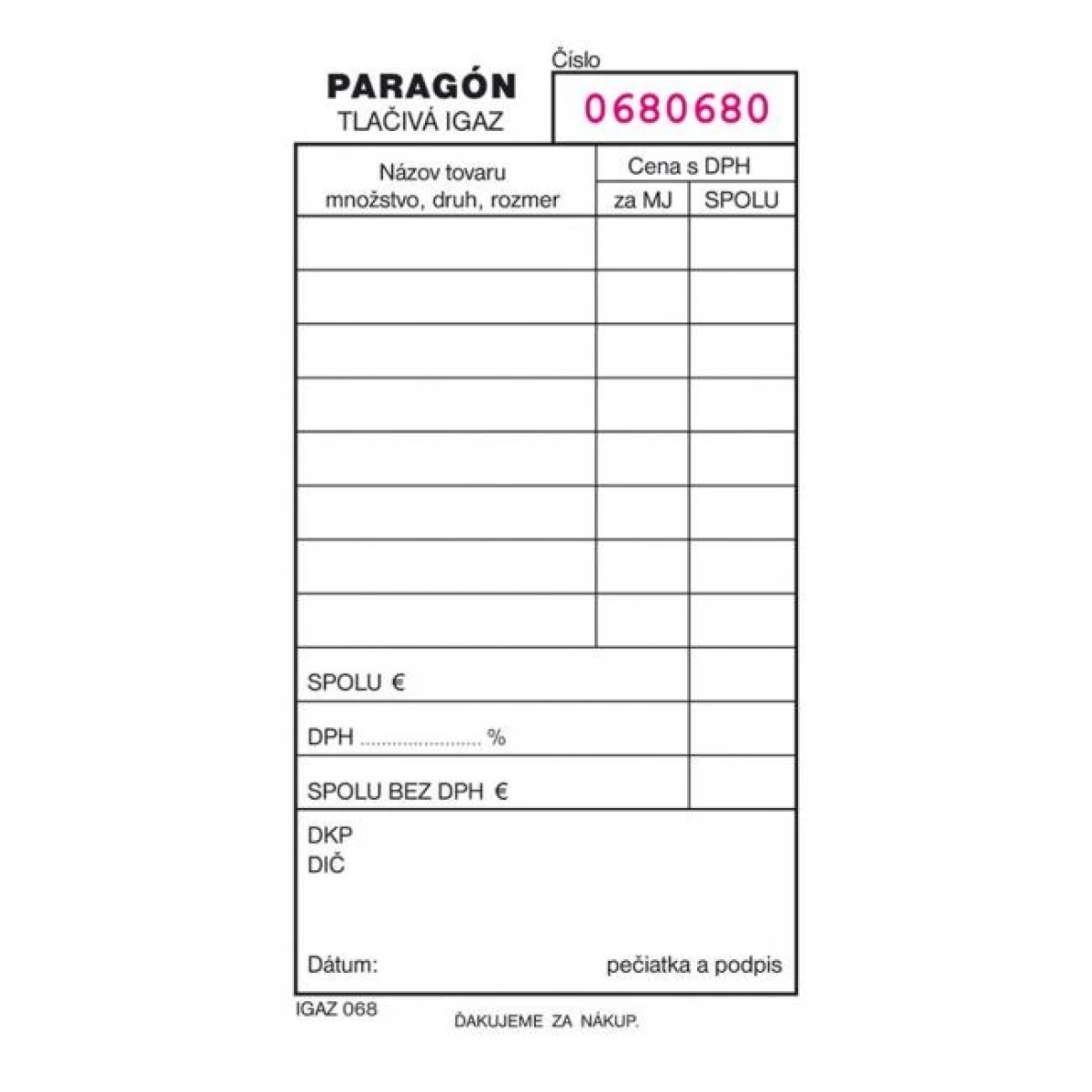 Paragón číslovaný, samoprepis, A6, 100 listov 