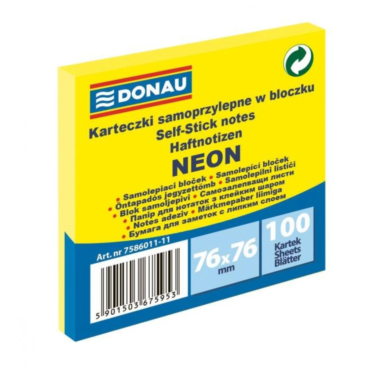 Bloček Donau neónový, 76 x 76 mm, žltý, 100 lístkov 