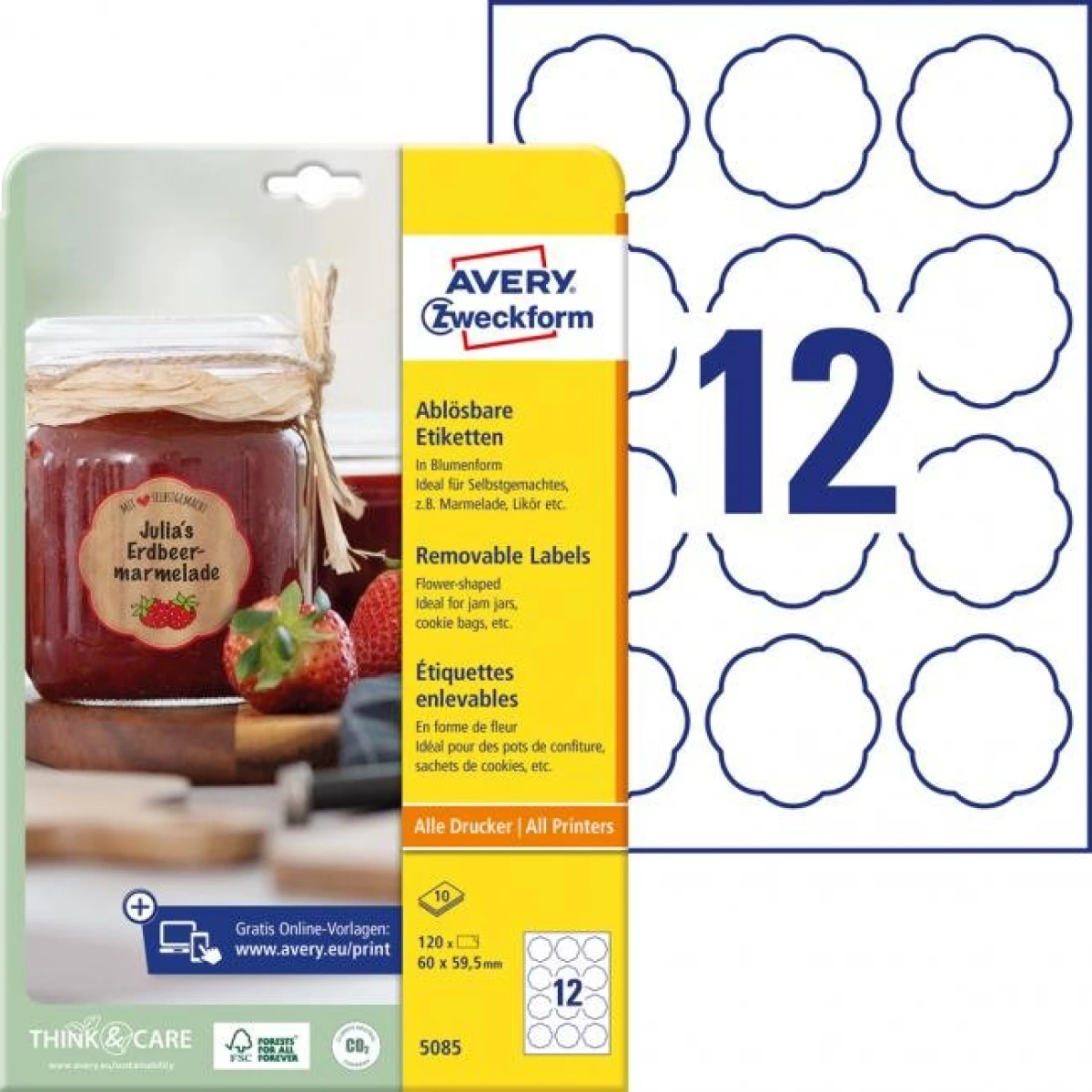 Etikety v tvare kvetu 60x59,5mm Avery 10 hárkov biele 