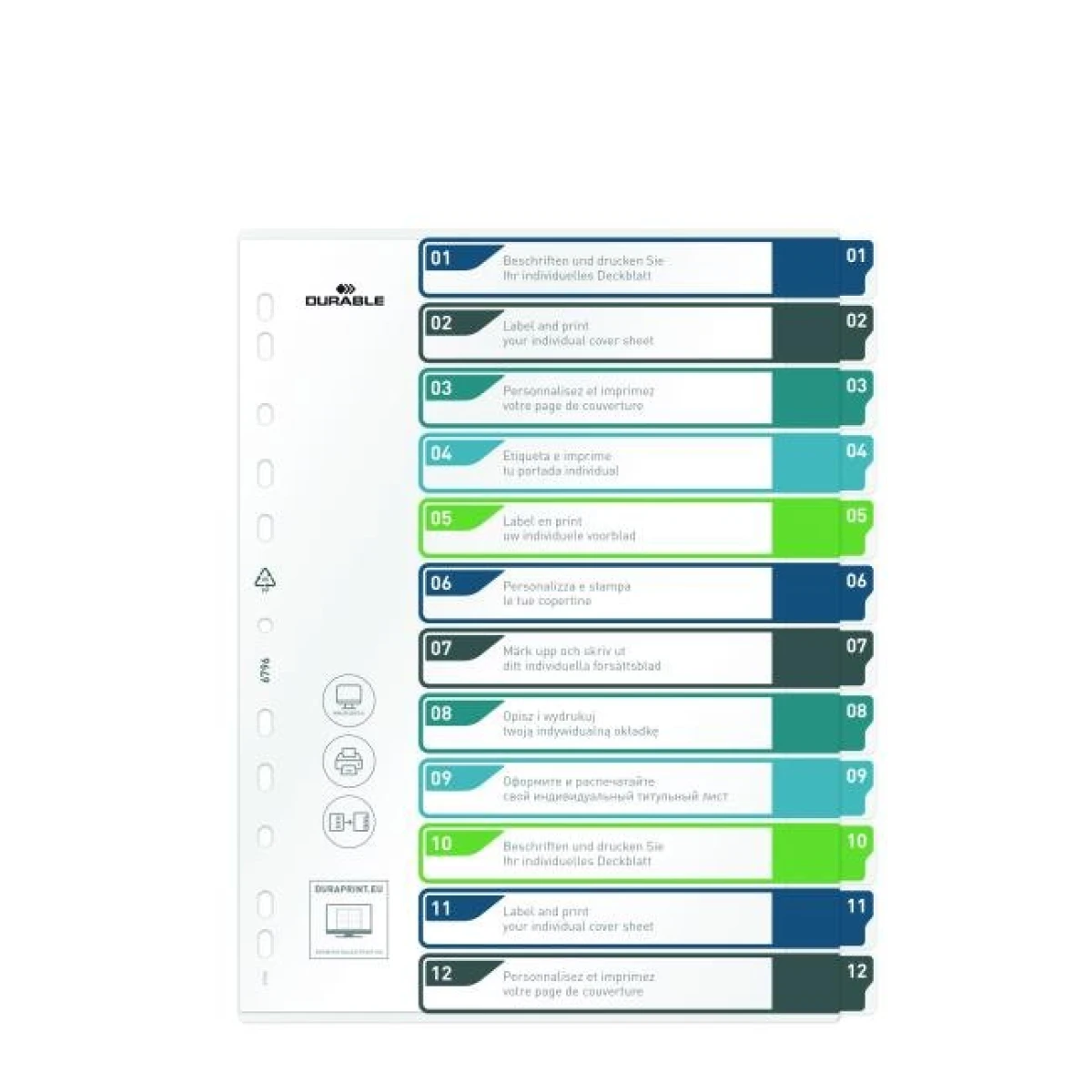 Plastový rozraďovač DURABLE 1-12 potlačiteľný farebný 