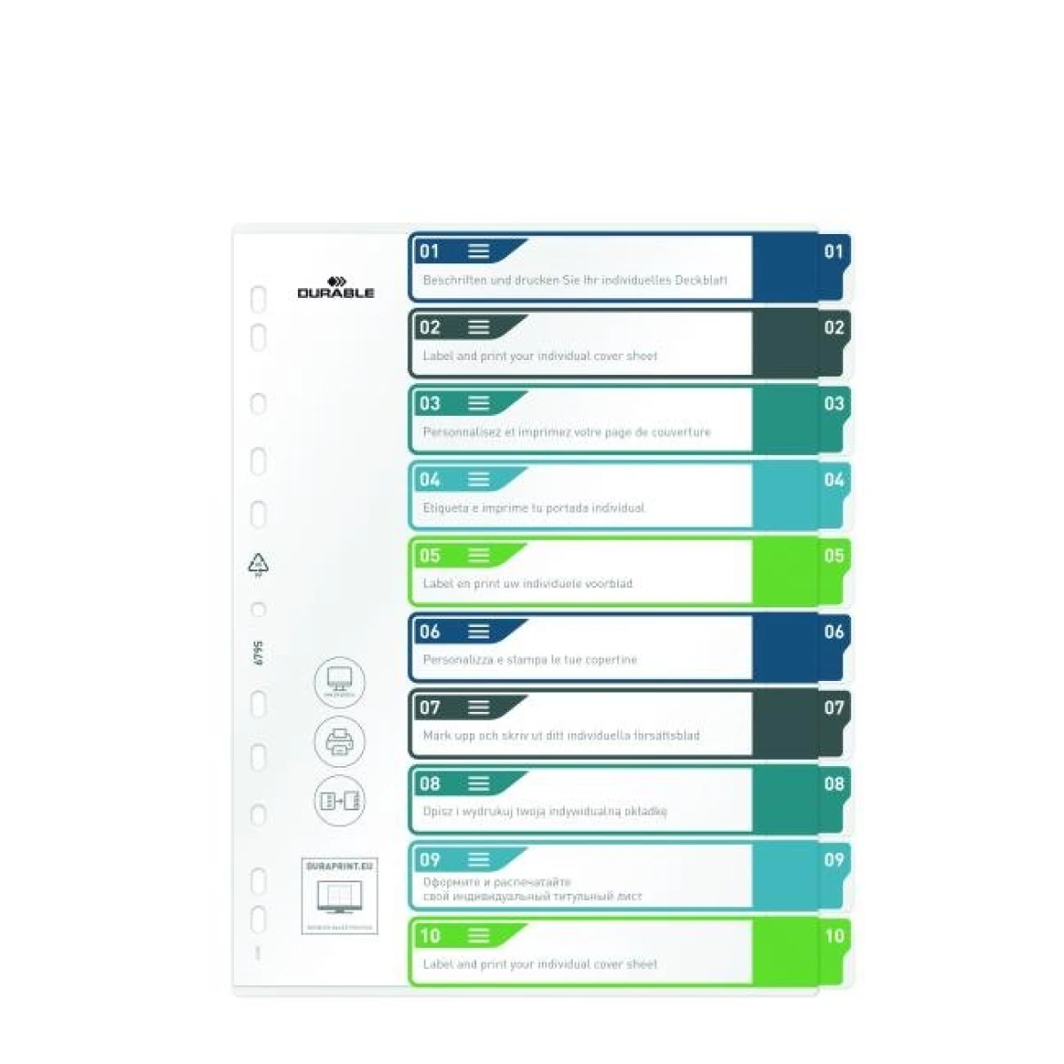 Plastový rozraďovač DURABLE 1-10 potlačiteľný farebný 