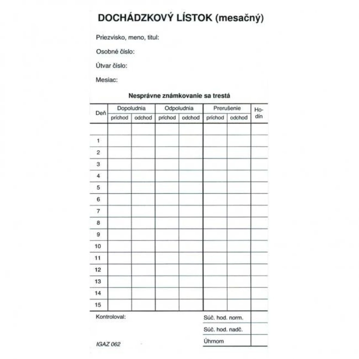 Dochádzkový lístok mesačný (kartón) 