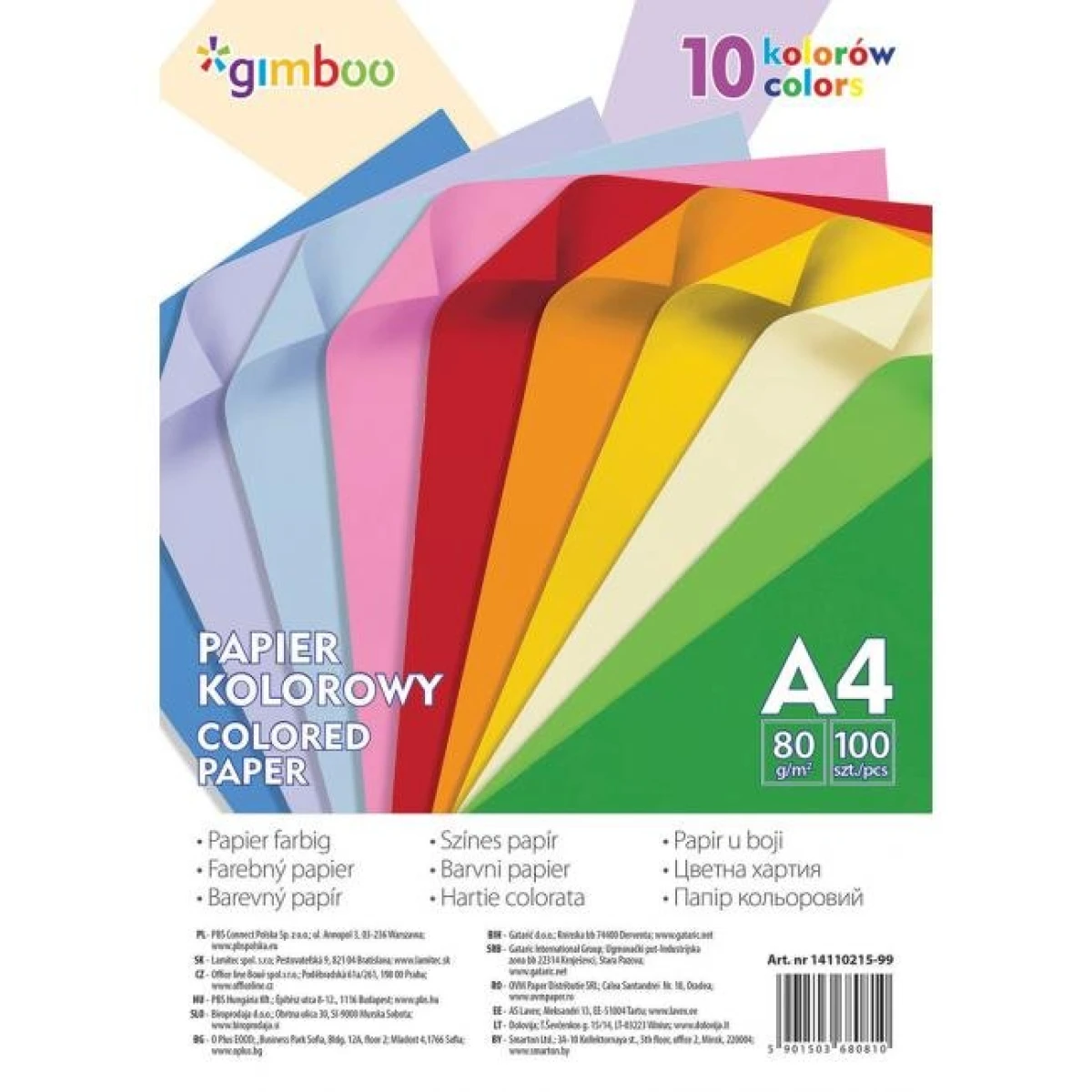 Farebný papier Gimboo A4, 100 listov, 80g, 10 neónových farieb 