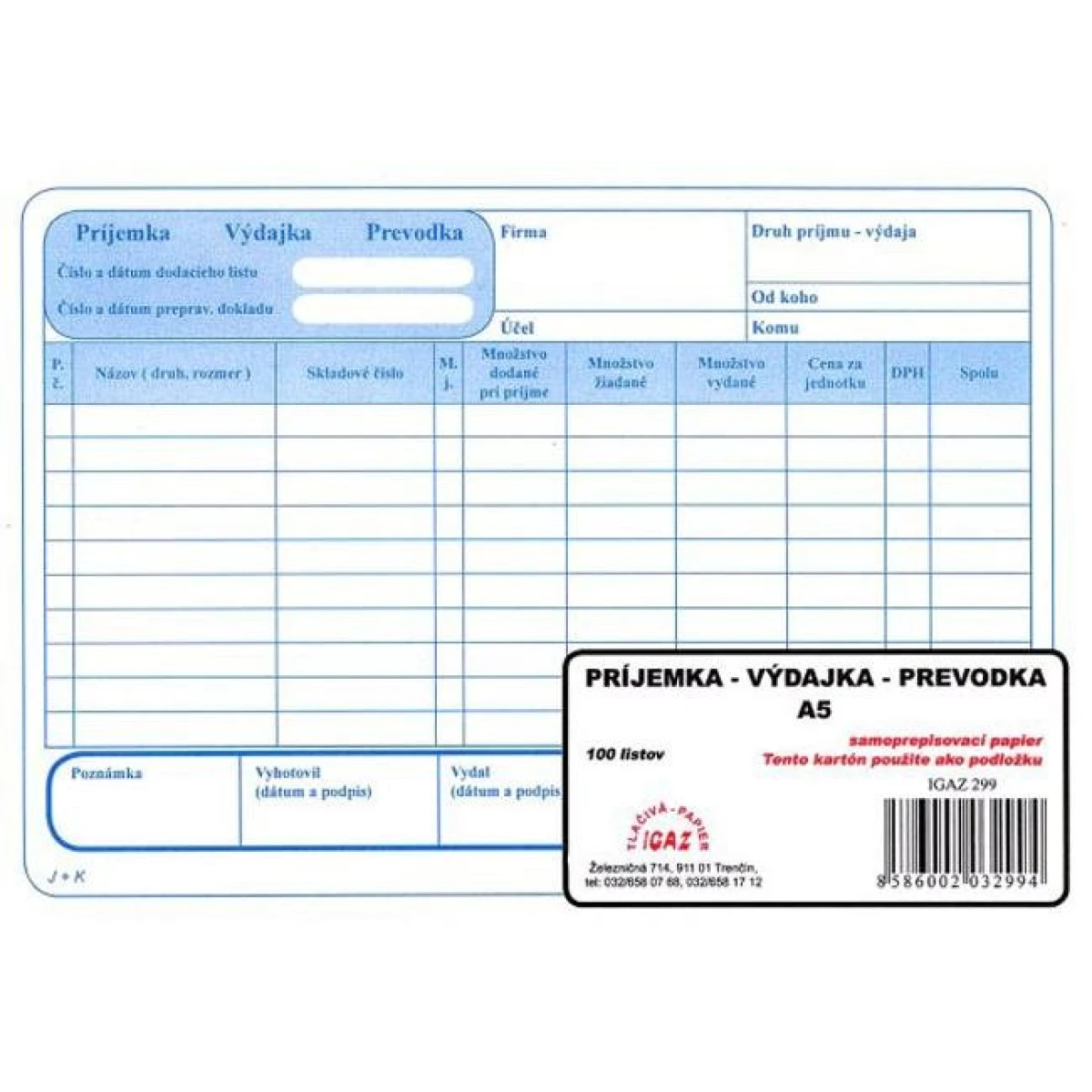 Príjemka - výdajka - prevodka s DPH, samoprepis, A5 