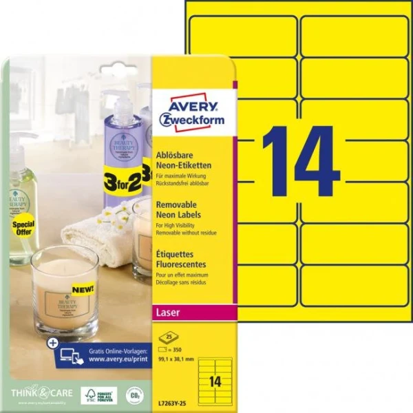 Etikety Avery odnímateľné 99,1x38,1 mm neónové žlté 