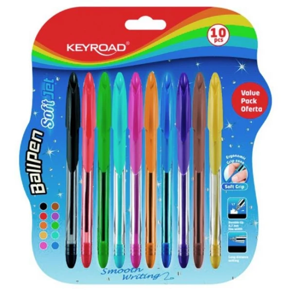 Guľôčkové pero KEYROAD Soft Jet 0,7 mm, blister 10 ks, mix farieb 