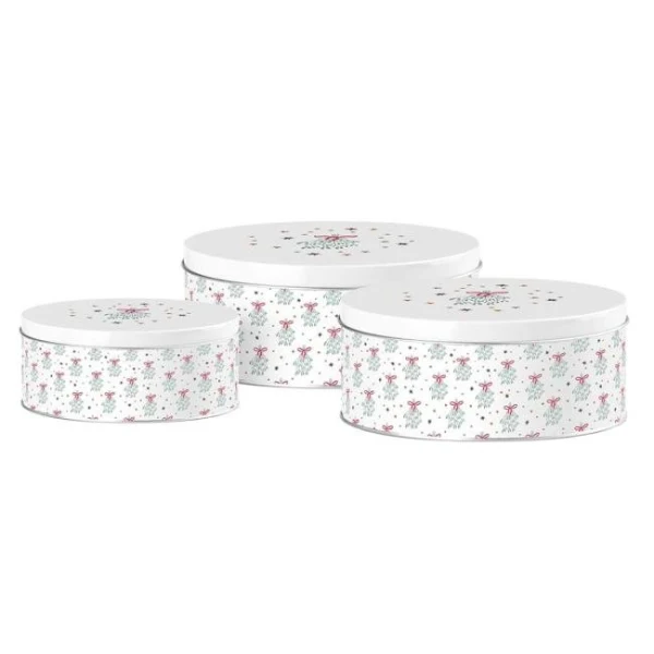 Dóza plechová 3ks set 200x90/185x80/140x65 mm guľatá MISTLETOE MAGIC, biela, modrá 