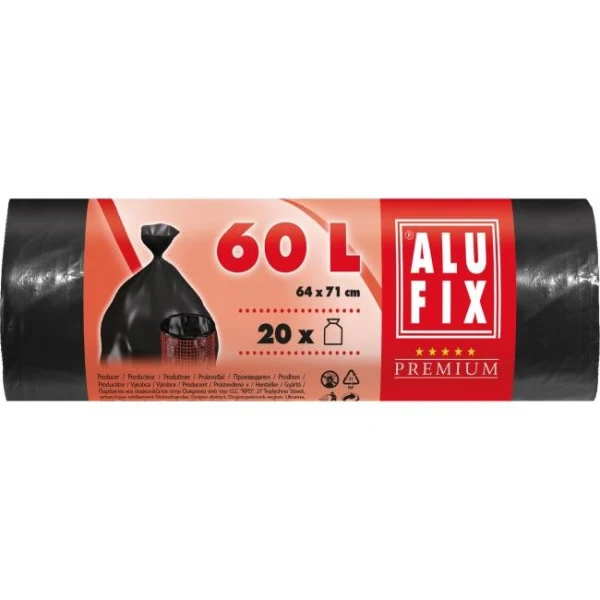 Vrecia na odpadky 60 l / 20 ks, 15mic., 64 x 71 cm, čierne, HDPE 