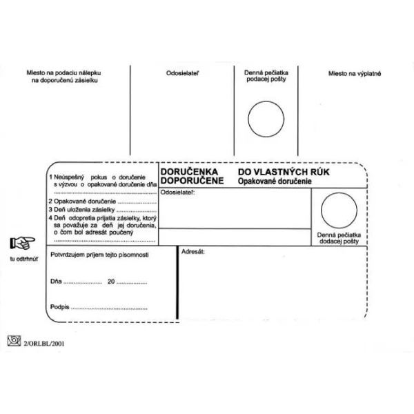 Poštové obálky B6 doručenka do VR OD, Doposielať, 1000 ks 