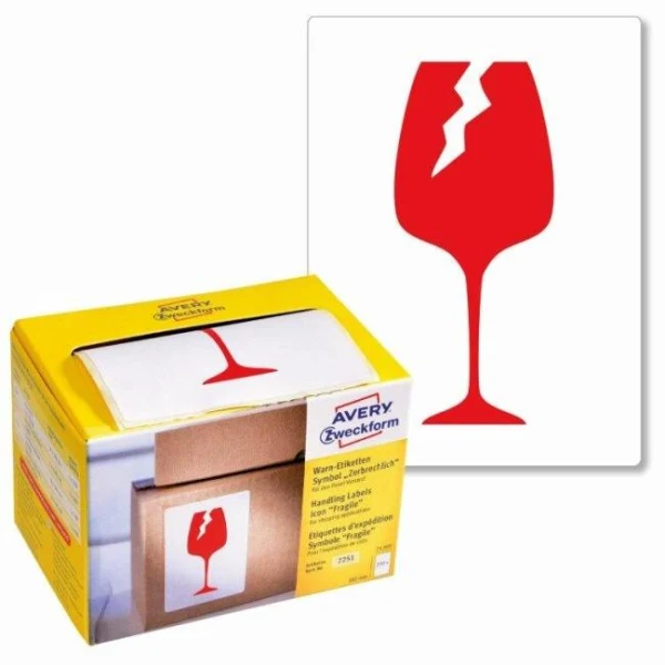 Etikety Avery s varovným symbolom ` Krehké` 74x100mm na kotúči 