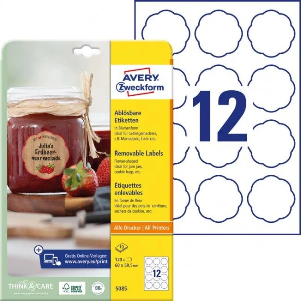 Etikety v tvare kvetu 60x59,5mm Avery 10 hárkov biele 