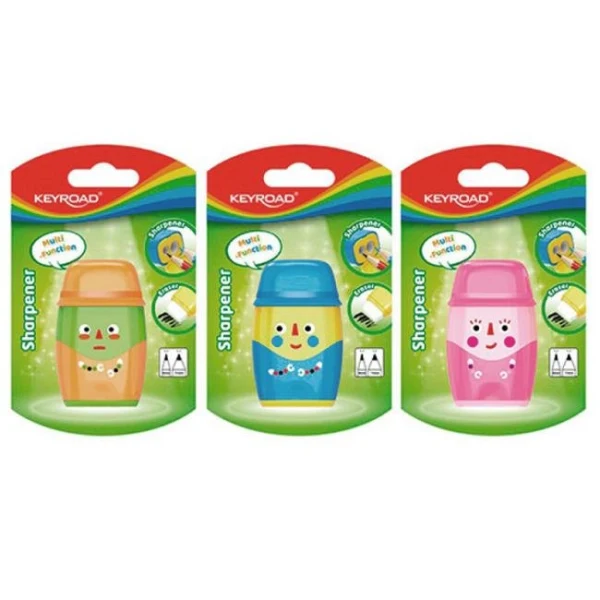 Strúhadlo KEYROAD Hello plastové s dvomi otvormi a gumou, blister, mix farieb 