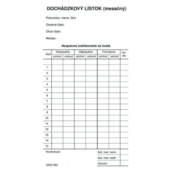 Dochádzkový lístok mesačný (kartón) 