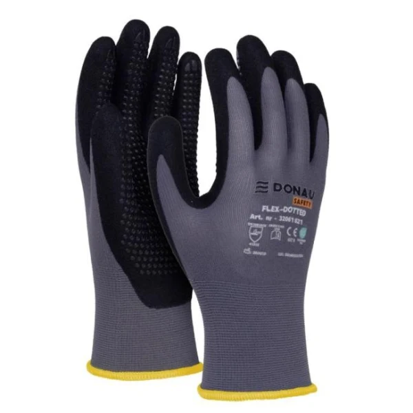 Rukavice pletené, polomáčané DONAU SAFETY Flex-Dotted, kat. II šedé veľ. 8 
