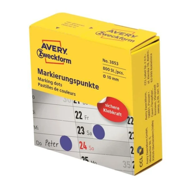 Etikety kruhové 10mm Avery modré v dispenzore 